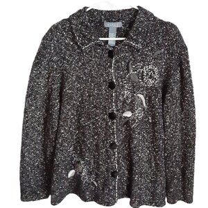 Koret Sweater Size 2X Button-up Shoulder Pads Crochet Flowers Black/Grey
